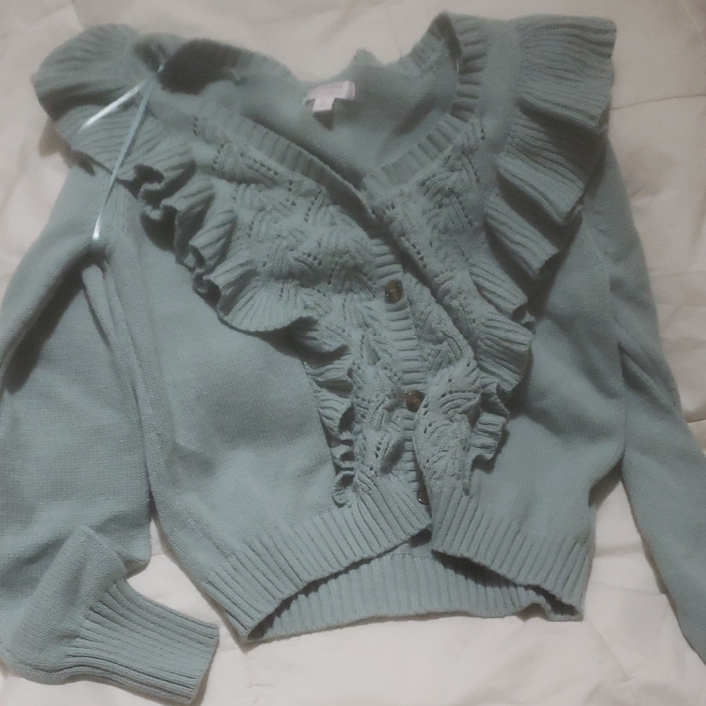 LC Lauren Conrad Green Cardigan with Ruffles and V-neckline